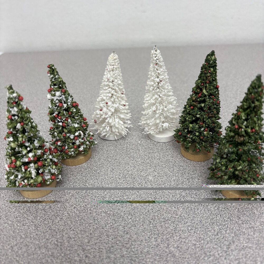 Lot Of 6 Vintage Bottle Brush Christmas Village Flocked Trees Wood Base